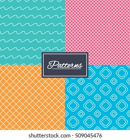 Rhombus grid and waves lines seamless textures. Linear geometric patterns. Modern textures. Abstract patterns with colored background. Vector