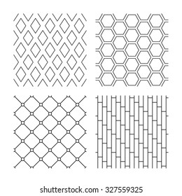 Rhombus, hexagon and grid with circles seamless textures. Linear geometric patterns. Modern textures. Textures on white background. Vector