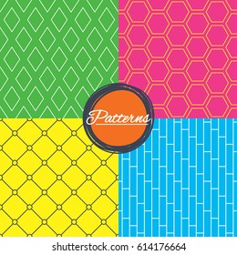 Rhombus, hexagon and grid with circles seamless textures. Linear geometric patterns. Modern textures. Abstract patterns with colored background. Vector