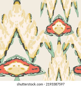 Rhombus Ikat Vector Pattern. Ogee Geometric Print. Gold, Beige and Green Wet Vintage Tie Dye Ornament. Vibrant Carpet Rug Chevron Motif.  Watercolor Batik Seamless Design. Abstract Ethnic Kilim. 