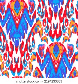 Rhombus Ikat Vector Pattern. Ogee Geometric Print. Wet Vintage Tie Dye Ornament. Neon Blue and Red on White Abstract Ethnic Kilim.  Vibrant Carpet Rug Chevron Motif.  Watercolor Batik Seamless Design.