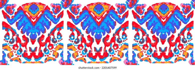 Rhombus Ikat Vector Pattern. Ogee Geometric Print. Vibrant Carpet Rug Chevron Motif.  Neon Blue and Red on White Wet Vintage Tie Dye Ornament. Abstract Ethnic Kilim.  Watercolor Batik Seamless Design.