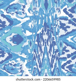 Rhombus Ikat Vector Pattern. Ogee Geometric Print. Abstract Ethnic Kilim.  Wet Vintage Tie Dye Ornament. Blue and Indigo Vibrant Carpet Rug Chevron Motif.  Watercolor Batik Seamless Design.