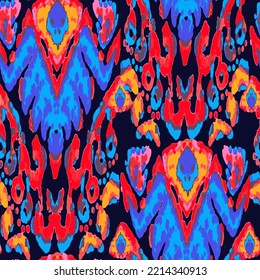 Rhombus Ikat Vector Pattern. Impresión geométrica de Ogeo. Ornamento de tinte húmedo vintage. Motif De La Alfombra Vibrante Rug Chevron.  Neon Blue y Red sobre Black Abstract Ethnic Kilim.  Diseño Seamless Batik Watercolor.