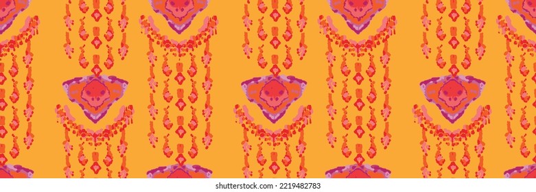 Rhombus Ikat Vector Pattern. Ogee Geometric Print. Vibrant Carpet Rug Chevron Motif.  Wet Vintage Tie Dye Ornament. Red and Yellow Watercolor Batik Seamless Design. Abstract Ethnic Kilim. 
