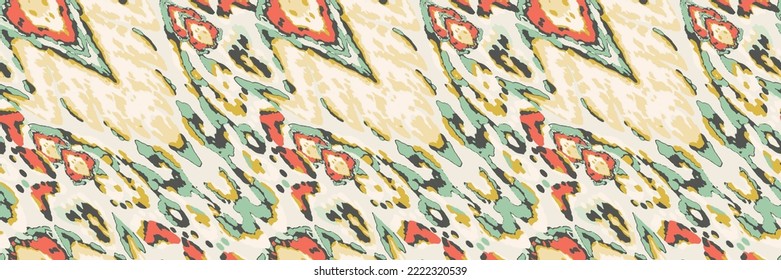 Rhombus Ikat Vector Pattern. Ogee Geometric Print. Gold, Beige and Green Vibrant Carpet Rug Chevron Motif.  Watercolor Batik Seamless Design. Abstract Ethnic Kilim.  Wet Vintage Tie Dye Ornament.