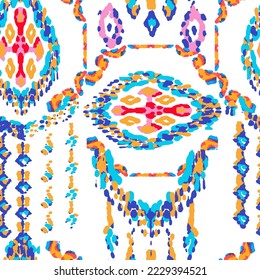 Rhombus Ikat Vector Pattern. Ogee Geometric Print. Abstract Ethnic Kilim.  Wet Vintage Tie Dye Ornament. Vibrant Carpet Rug Chevron Motif.  Neon Blue and Red on White Watercolor Batik Seamless Design.
