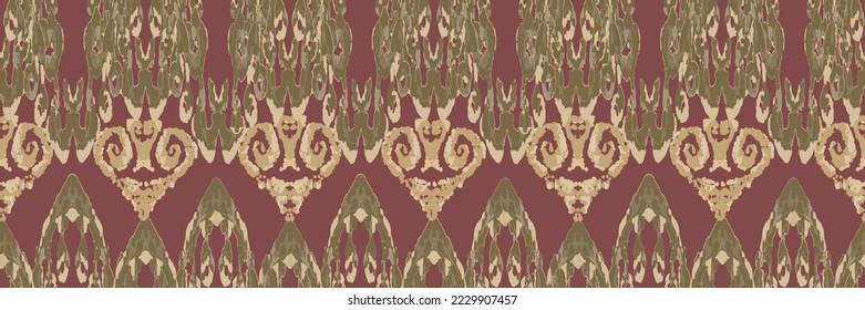 Rhombus Ikat Vector Pattern. Ogee Geometric Print. Watercolor Batik Seamless Design. Wet Vintage Tie Dye Ornament. Gold, Green, and Red Vibrant Carpet Rug Chevron Motif.  Abstract Ethnic Kilim. 