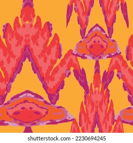 Rhombus Ikat Vector Pattern. Ogee Geometric Print. Wet Vintage Tie Dye Ornament. Watercolor Batik Seamless Design. Red and Yellow Abstract Ethnic Kilim.  Vibrant Carpet Rug Chevron Motif. 