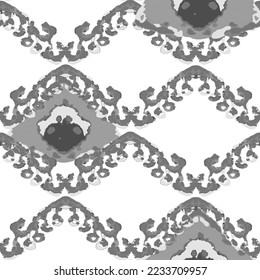 Rhombus Ikat Vector Pattern. Ogee Geometric Print. Abstract Ethnic Kilim.  Watercolor Batik Seamless Design. Monochrome Black and White Vibrant Carpet Rug Chevron Motif.  Wet Vintage Tie Dye Ornament.