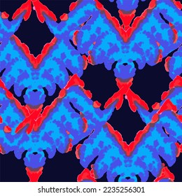 Rhombus Ikat Vector Pattern. Ogee Geometric Print. Neon Blue and Red on Black Vibrant Carpet Rug Chevron Motif.  Wet Vintage Tie Dye Ornament. Watercolor Batik Seamless Design. Abstract Ethnic Kilim. 
