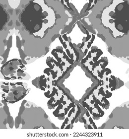 Rhombus Ikat Vector Pattern. Ogee Geometric Print. Monochrome Black and White Wet Vintage Tie Dye Ornament. Watercolor Batik Seamless Design. Abstract Ethnic Kilim.  Vibrant Carpet Rug Chevron Motif. 
