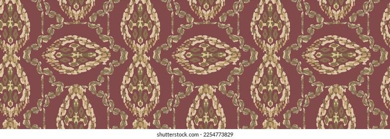 Rhombus Ikat Vector Pattern. Ogee Geometric Print. Wet Vintage Tie Dye Ornament. Watercolor Batik Seamless Design. Vibrant Carpet Rug Chevron Motif.  Gold, Green, and Red Abstract Ethnic Kilim. 