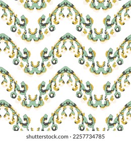Rhombus Ikat Vector Pattern. Ogee Geometric Print. Abstract Ethnic Kilim.  Vibrant Carpet Rug Chevron Motif.  Wet Vintage Tie Dye Ornament. Gold, Beige and Green Watercolor Batik Seamless Design.