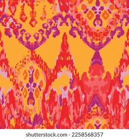 Rhombus Ikat Vector Pattern. Ogee Geometric Print. Abstract Ethnic Kilim.  Watercolor Batik Seamless Design. Wet Vintage Tie Dye Ornament. Vibrant Carpet Rug Chevron Motif.  Red and Yellow