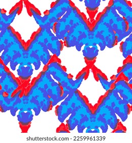 Rhombus Ikat Vector Pattern. Ogee Geometric Print. Neon Blue and Red on White Wet Vintage Tie Dye Ornament. Watercolor Batik Seamless Design. Abstract Ethnic Kilim.  Vibrant Carpet Rug Chevron Motif. 