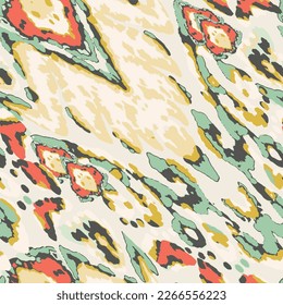 Rhombus Ikat Vector Pattern. Ogee Geometric Print. Gold, Beige and Green Wet Vintage Tie Dye Ornament. Watercolor Batik Seamless Design. Vibrant Carpet Rug Chevron Motif.  Abstract Ethnic Kilim. 