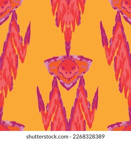 Rhombus Ikat Vector Pattern. Ogee Geometric Print. Abstract Ethnic Kilim.  Wet Vintage Tie Dye Ornament. Vibrant Carpet Rug Chevron Motif.  Watercolor Batik Seamless Design. Red and Yellow