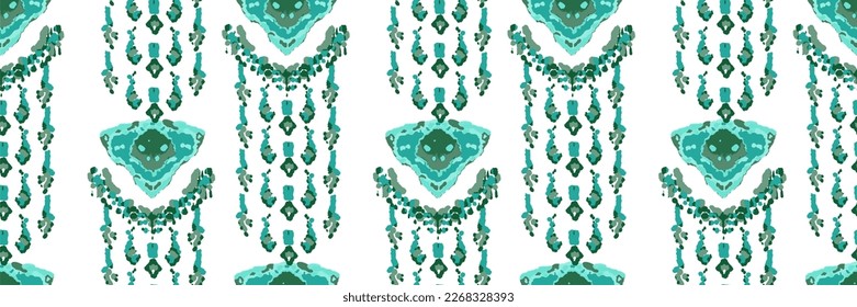 Rhombus Ikat Vector Pattern. Ogee Geometric Print. Wet Vintage Tie Dye Ornament. Vibrant Carpet Rug Chevron Motif.  Teal and Blue Watercolor Batik Seamless Design. Abstract Ethnic Kilim. 