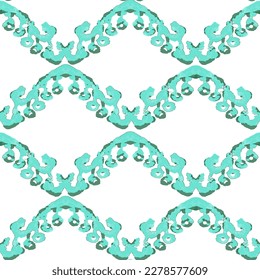 Rhombus Ikat Vector Pattern. Ogee Geometric Print. Vibrant Carpet Rug Chevron Motif.  Wet Vintage Tie Dye Ornament. Teal and Blue Abstract Ethnic Kilim.  Watercolor Batik Seamless Design.