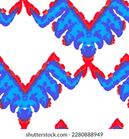 Rhombus Ikat Vector Pattern. Ogee Geometric Print. Vibrant Carpet Rug Chevron Motif.  Abstract Ethnic Kilim.  Watercolor Batik Seamless Design. Wet Vintage Tie Dye Ornament. Neon Blue and Red on White