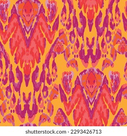 Rhombus Ikat Vector Pattern. Ogee Geometric Print. Vibrant Carpet Rug Chevron Motif.  Red and Yellow Abstract Ethnic Kilim.  Watercolor Batik Seamless Design. Wet Vintage Tie Dye Ornament.