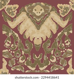 Rhombus Ikat Vector Pattern. Ogee Geometric Print. Gold, Green, and Red Watercolor Batik Seamless Design. Abstract Ethnic Kilim.  Wet Vintage Tie Dye Ornament. Vibrant Carpet Rug Chevron Motif. 
