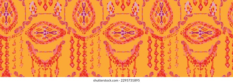 Rhombus Ikat Vector Pattern. Ogee Geometric Print. Abstract Ethnic Kilim.  Watercolor Batik Seamless Design. Wet Vintage Tie Dye Ornament. Red and Yellow Vibrant Carpet Rug Chevron Motif. 