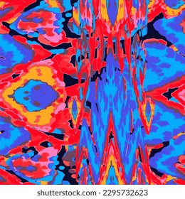 Rhombus Ikat Vector Pattern. Ogee Geometric Print. Neon Blue and Red on Black Abstract Ethnic Kilim.  Vibrant Carpet Rug Chevron Motif.  Wet Vintage Tie Dye Ornament. Watercolor Batik Seamless Design.