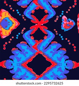 Rhombus Ikat Vector Pattern. Ogee Geometric Print. Neon Blue and Red on Black Vibrant Carpet Rug Chevron Motif.  Abstract Ethnic Kilim.  Wet Vintage Tie Dye Ornament. Watercolor Batik Seamless Design.