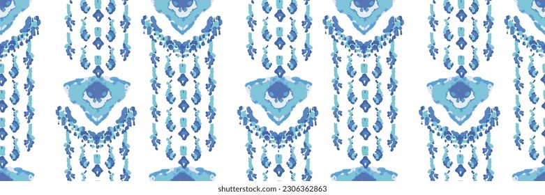Rhombus Ikat Vector Pattern. Ogee Geometric Print. Blue and Indigo Vibrant Carpet Rug Chevron Motif.  Wet Vintage Tie Dye Ornament. Abstract Ethnic Kilim.  Watercolor Batik Seamless Design.