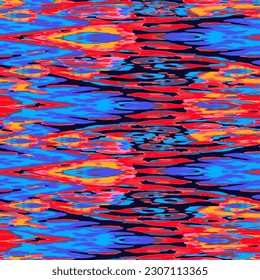 Rhombus Ikat Vector Pattern. Ogee Geometric Print. Abstract Ethnic Kilim.  Neon Blue and Red on Black Wet Vintage Tie Dye Ornament. Watercolor Batik Seamless Design. Vibrant Carpet Rug Chevron Motif. 