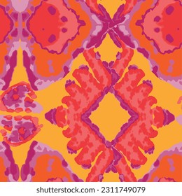 Rhombus Ikat Vector Pattern. Ogee Geometric Print. Vibrant Carpet Rug Chevron Motif.  Wet Vintage Tie Dye Ornament. Watercolor Batik Seamless Design. Abstract Ethnic Kilim.  Red and Yellow