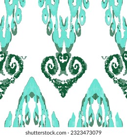 Rhombus Ikat Vector Pattern. Ogee Geometric Print. Vibrant Carpet Rug Chevron Motif.  Teal and Blue Wet Vintage Tie Dye Ornament. Watercolor Batik Seamless Design. Abstract Ethnic Kilim. 
