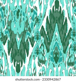 Rhombus Ikat Vector Pattern. Ogee Geometric Print. Teal and Blue Abstract Ethnic Kilim.  Watercolor Batik Seamless Design. Wet Vintage Tie Dye Ornament. Vibrant Carpet Rug Chevron Motif. 