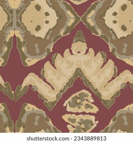Rhombus Ikat Vector Pattern. Ogee Geometric Print. Wet Vintage Tie Dye Ornament. Abstract Ethnic Kilim.  Watercolor Batik Seamless Design. Vibrant Carpet Rug Chevron Motif.  Gold, Green, and Red