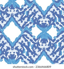 Rhombus Ikat Vector Pattern. Ogee Geometric Print. Blue and Indigo Watercolor Batik Seamless Design. Wet Vintage Tie Dye Ornament. Abstract Ethnic Kilim.  Vibrant Carpet Rug Chevron Motif. 
