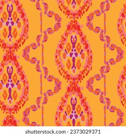 Rhombus Ikat Vector Pattern. Ogee Geometric Print. Watercolor Batik Seamless Design. Wet Vintage Tie Dye Ornament. Red and Yellow Abstract Ethnic Kilim.  Vibrant Carpet Rug Chevron Motif. 