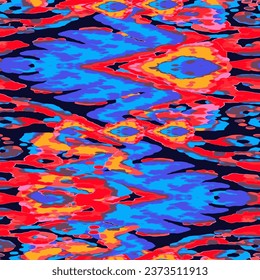 Rhombus Ikat Vector Pattern. Ogee Geometric Print. Neon Blue and Red on Black Abstract Ethnic Kilim.  Wet Vintage Tie Dye Ornament. Watercolor Batik Seamless Design. Vibrant Carpet Rug Chevron Motif. 