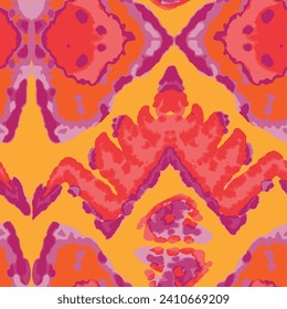 Rhombus Ikat Vector Pattern. Ogee Geometric Print. Red and Yellow Watercolor Batik Seamless Design. Abstract Ethnic Kilim.  Vibrant Carpet Rug Chevron Motif.  Wet Vintage Tie Dye Ornament.