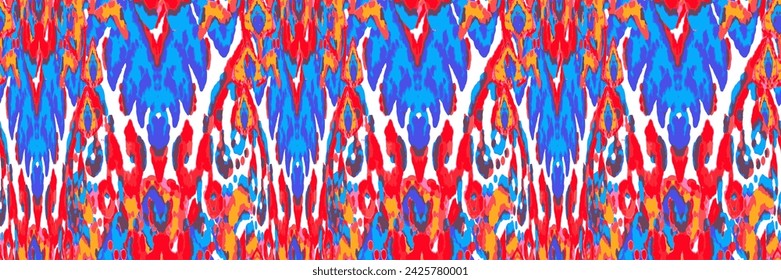 Rhombus Ikat Vector Pattern. Ogee Geometric Print. Abstract Ethnic Kilim.  Neon Blue and Red on White Vibrant Carpet Rug Chevron Motif.  Wet Vintage Tie Dye Ornament. Watercolor Batik Seamless Design.