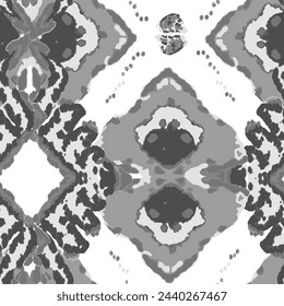 Rhombus Ikat Vector Pattern. Ogee Geometric Print. Abstract Ethnic Kilim.  Watercolor Batik Seamless Design. Vibrant Carpet Rug Chevron Motif.  Wet Vintage Tie Dye Ornament. Monochrome Black and White