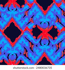 Rhombus Ikat Vector Pattern. Ogee Geometric Print. Watercolor Batik Seamless Design. Abstract Ethnic Kilim.  Vibrant Carpet Rug Chevron Motif.  Wet Vintage Tie Dye Ornament. Neon Blue and Red on Black