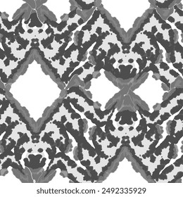 Rhombus Ikat Vector Pattern. Ogee Geometric Print. Watercolor Batik Seamless Design. Vibrant Carpet Rug Chevron Motif.  Wet Vintage Tie Dye Ornament. Abstract Ethnic Kilim.  Monochrome Black and White