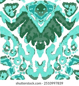 Rhombus Ikat Vector Pattern. Ogee Geometric Print. Wet Vintage Tie Dye Ornament. Abstract Ethnic Kilim.  Vibrant Carpet Rug Chevron Motif.  Watercolor Batik Seamless Design. Teal and Blue