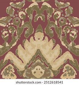 Rhombus Ikat Vector Pattern. Ogee Geometric Print. Vibrant Carpet Rug Chevron Motif.  Gold, Green, and Red Wet Vintage Tie Dye Ornament. Watercolor Batik Seamless Design. Abstract Ethnic Kilim. 