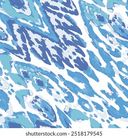 Rhombus Ikat Vector Pattern. Ogee Geometric Print. Wet Vintage Tie Dye Ornament. Vibrant Carpet Rug Chevron Motif.  Blue and Indigo Abstract Ethnic Kilim.  Watercolor Batik Seamless Design.