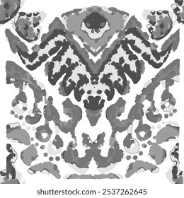 Rhombus Ikat Vector Pattern. Ogee Geometric Print. Vibrant Carpet Rug Chevron Motif.  Wet Vintage Tie Dye Ornament. Abstract Ethnic Kilim.  Watercolor Batik Seamless Design. Monochrome Black and White