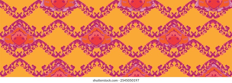 Rhombus Ikat Vector Pattern. Ogee Geometric Print. Vibrant Carpet Rug Chevron Motif.  Wet Vintage Tie Dye Ornament. Red and Yellow Abstract Ethnic Kilim.  Watercolor Batik Seamless Design.