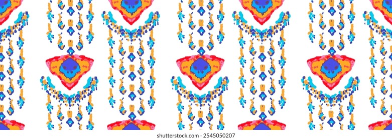 Rhombus Ikat Vector Pattern. Ogee Geometric Print. Wet Vintage Tie Dye Ornament. Abstract Ethnic Kilim.  Vibrant Carpet Rug Chevron Motif.  Watercolor Batik Seamless Design. Neon Blue and Red on White